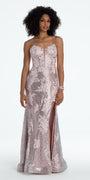 Sweetheart Sequin Applique Corset Column Dress with Sweep Train Image 1