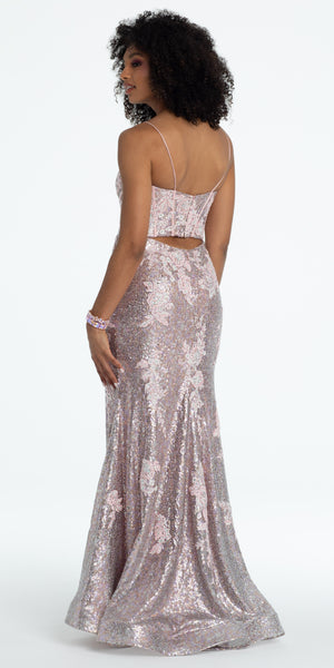 Sweetheart Sequin Applique Corset Column Dress with Sweep Train Image 4