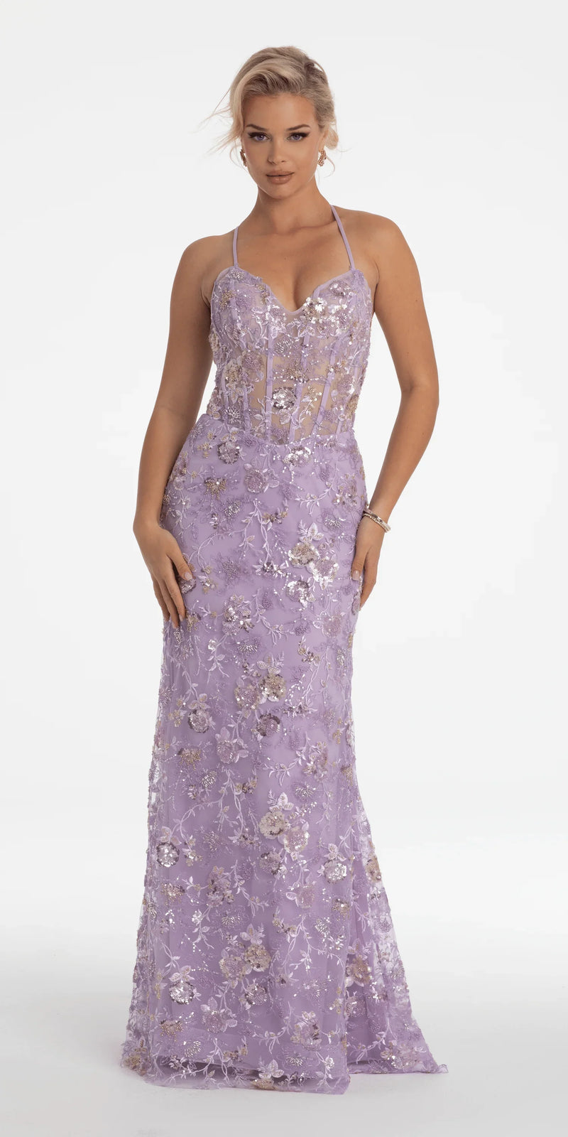 Floral Embellished Mesh Halter Lace Up Back Trumpet Dress missy / 8 / lilac