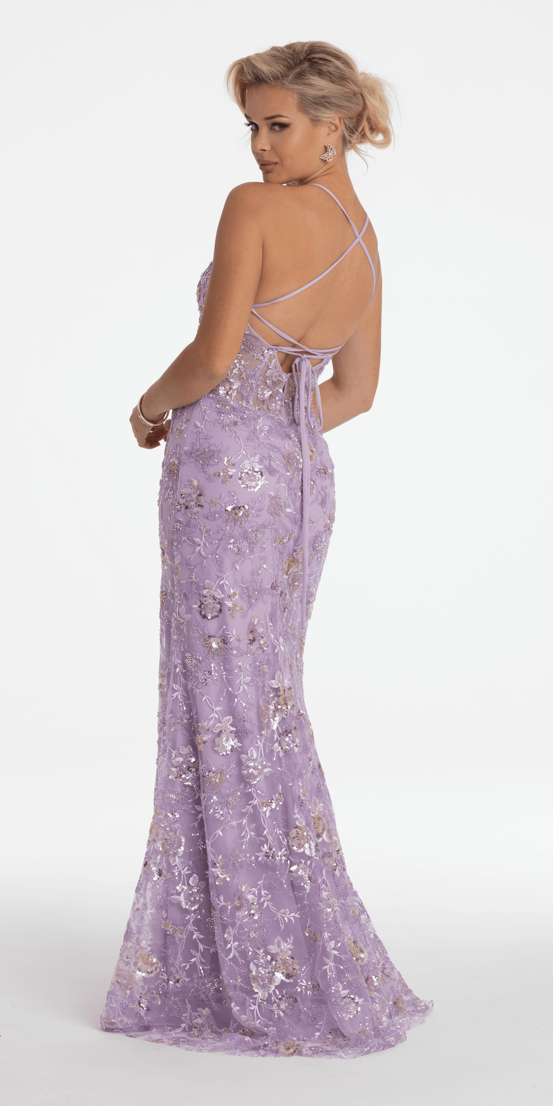 Floral Embellished Mesh Halter Lace Up Back Trumpet Dress Image 6