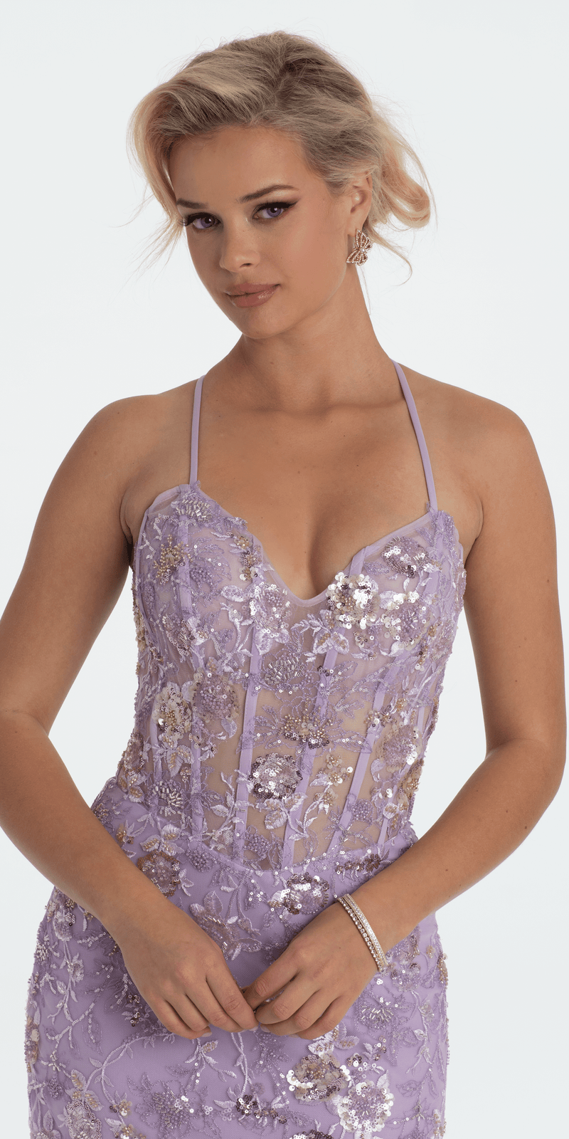 Floral Embellished Mesh Halter Lace Up Back Trumpet Dress Image 4