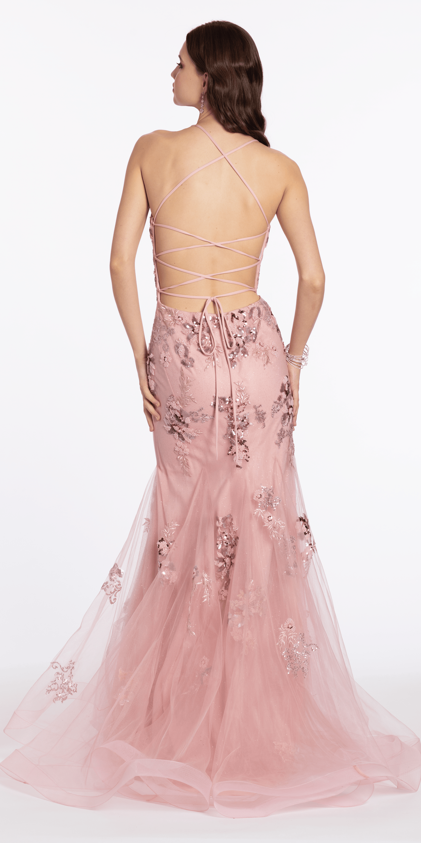 rose/size/4/missy/Camille La Vie/Strappy Back Sweetheart Floral Mesh Trumpet Dress with Godets Camille La Vie/back