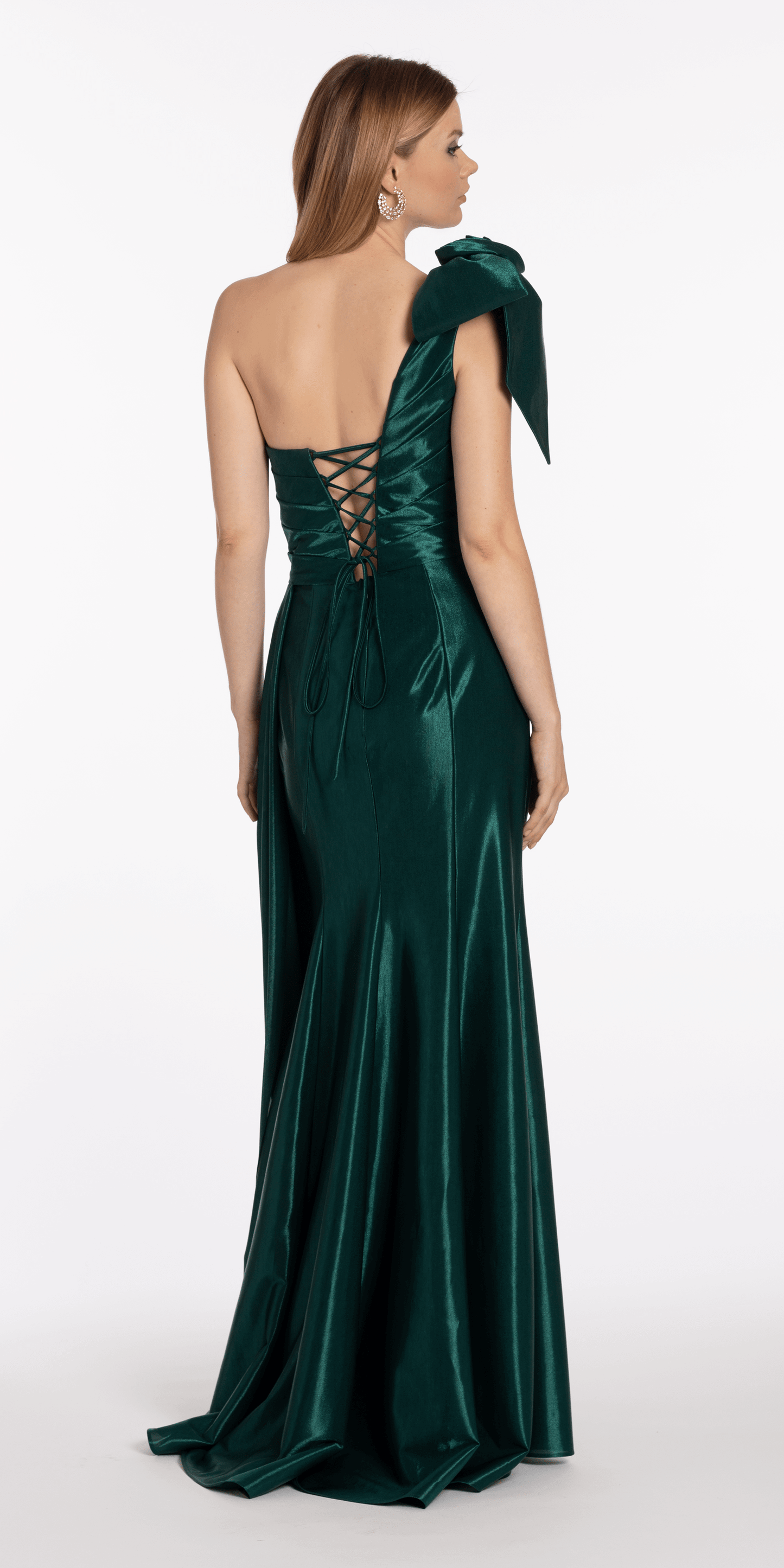 Metallic One Shoulder Pleated Lace Up Back Trumpet Dress with Side Cascade missy / 0 / dark-green Metallic One Shoulder Pleated Lace Up Back Trumpet Dress with Side Cascade missy / 0 / dark-green