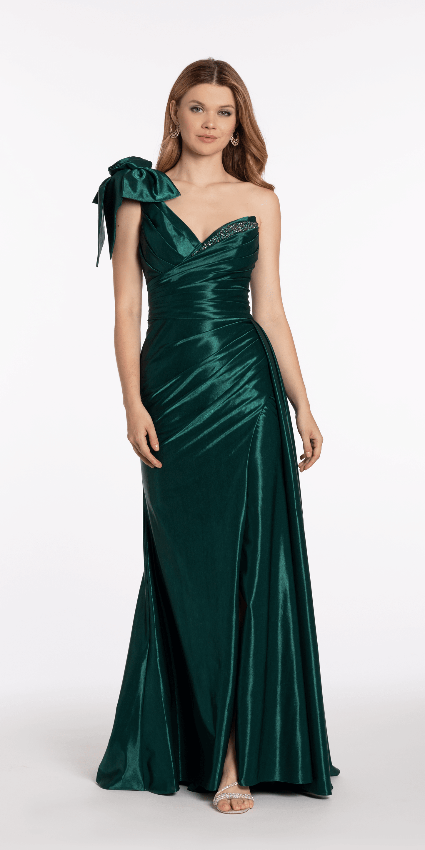 Metallic One Shoulder Pleated Lace Up Back Trumpet Dress with Side Cascade Missy / 0 / Dark-Green