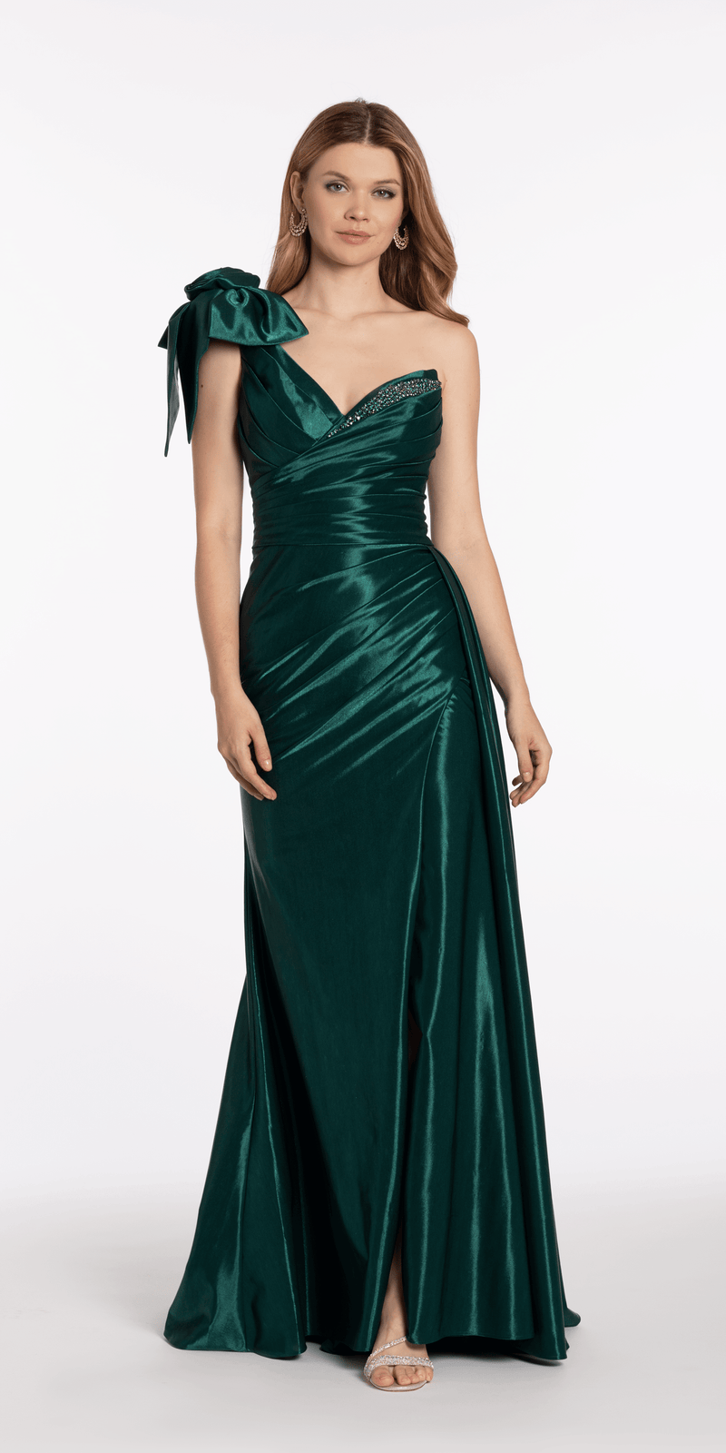 Metallic One Shoulder Pleated Lace Up Back Trumpet Dress