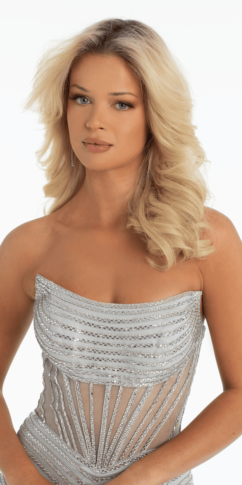 Strapless Rhinestone Mesh Corset Column Dress missy / 0 / silver