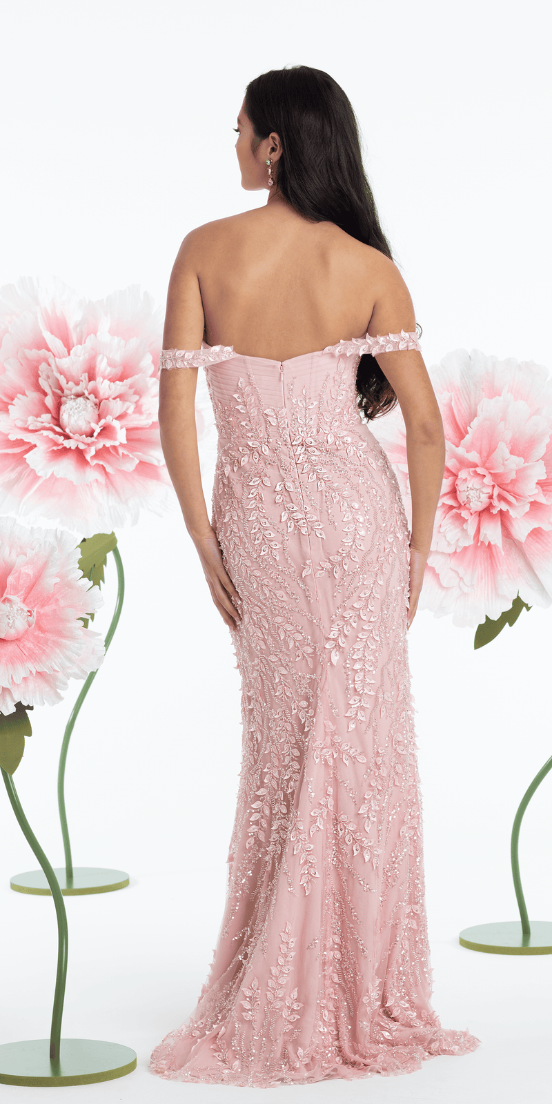 mesh overlay tie shoulder cami dress Mesh 3D Leaf Off the Shoulder Corset Column Dress missy / 6 / light-pink