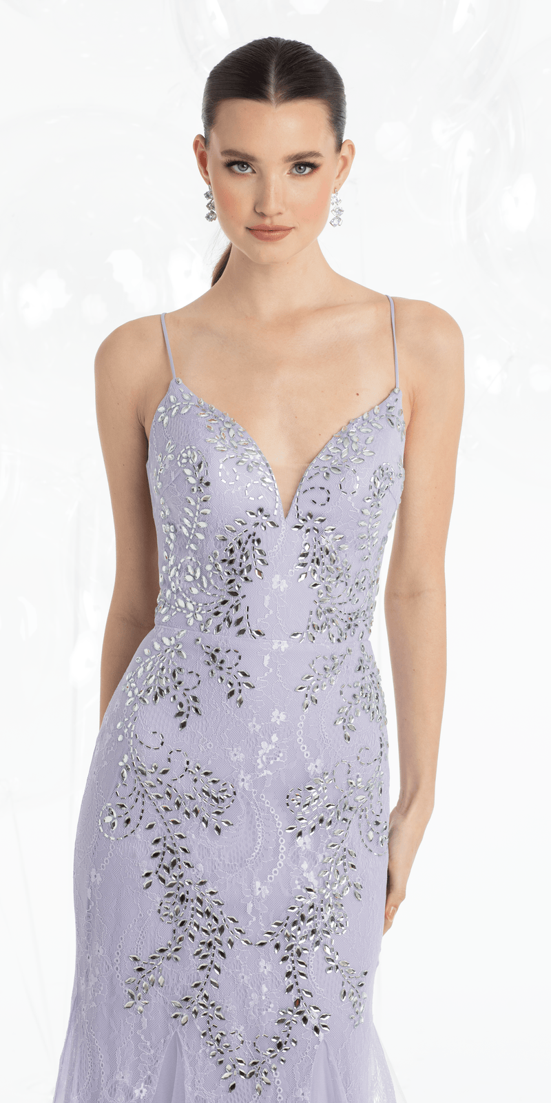Camille La Vie Strappy Back Crystal Beaded  Lace Plunge Mermaid Dress with Godets