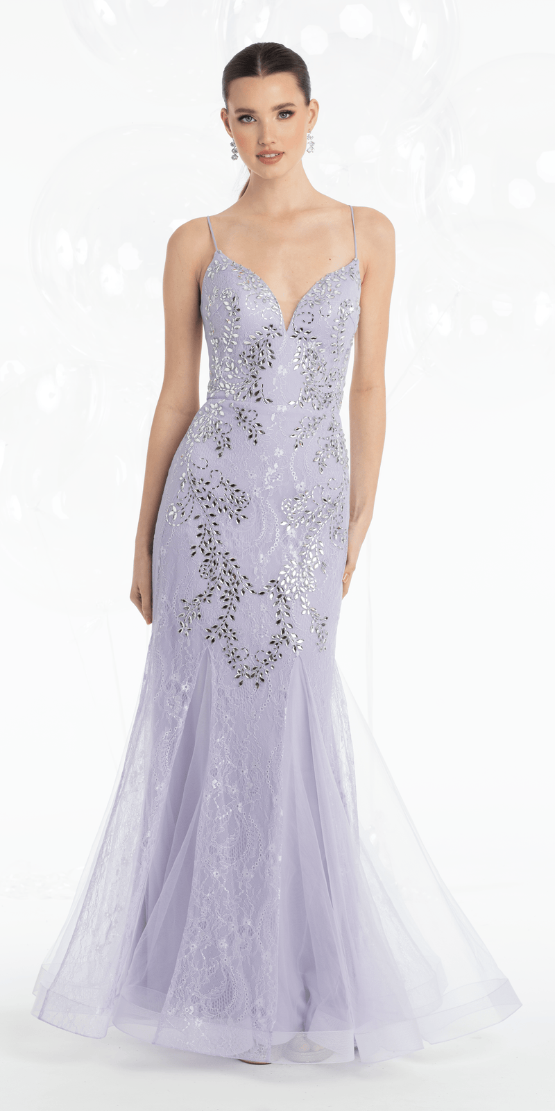 Camille La Vie Strappy Back Crystal Beaded  Lace Plunge Mermaid Dress with Godets missy / 2 / lilac