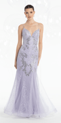 Camille La Vie Strappy Back Crystal Beaded  Lace Plunge Mermaid Dress with Godets missy / 2 / lilac