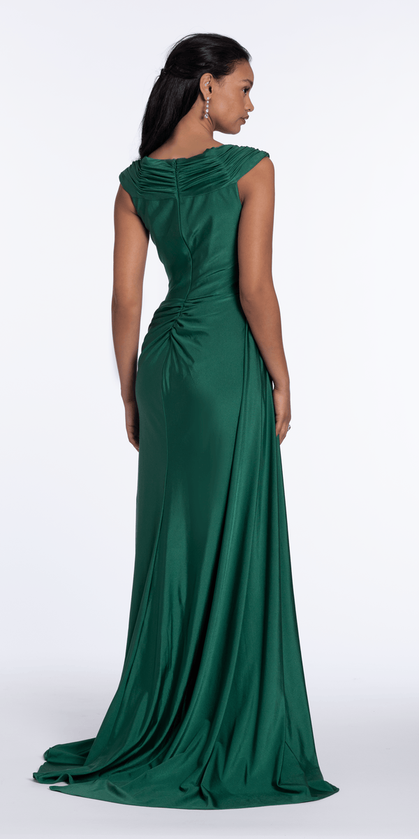 emerald/size/4/missy/Camille La Vie/Spandex V Neck Cap Sleeve Column Dress with Side Cascade/back