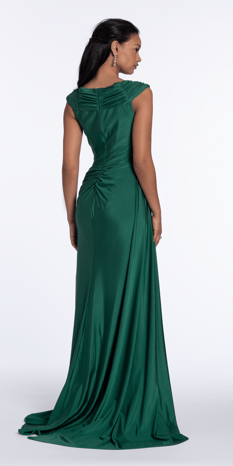 Spandex V Neck Cap Sleeve Column Dress with Side Cascade Image 4