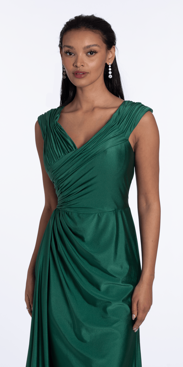 emerald/size/4/missy/Camille La Vie/Spandex V Neck Cap Sleeve Column Dress with Side Cascade/close up