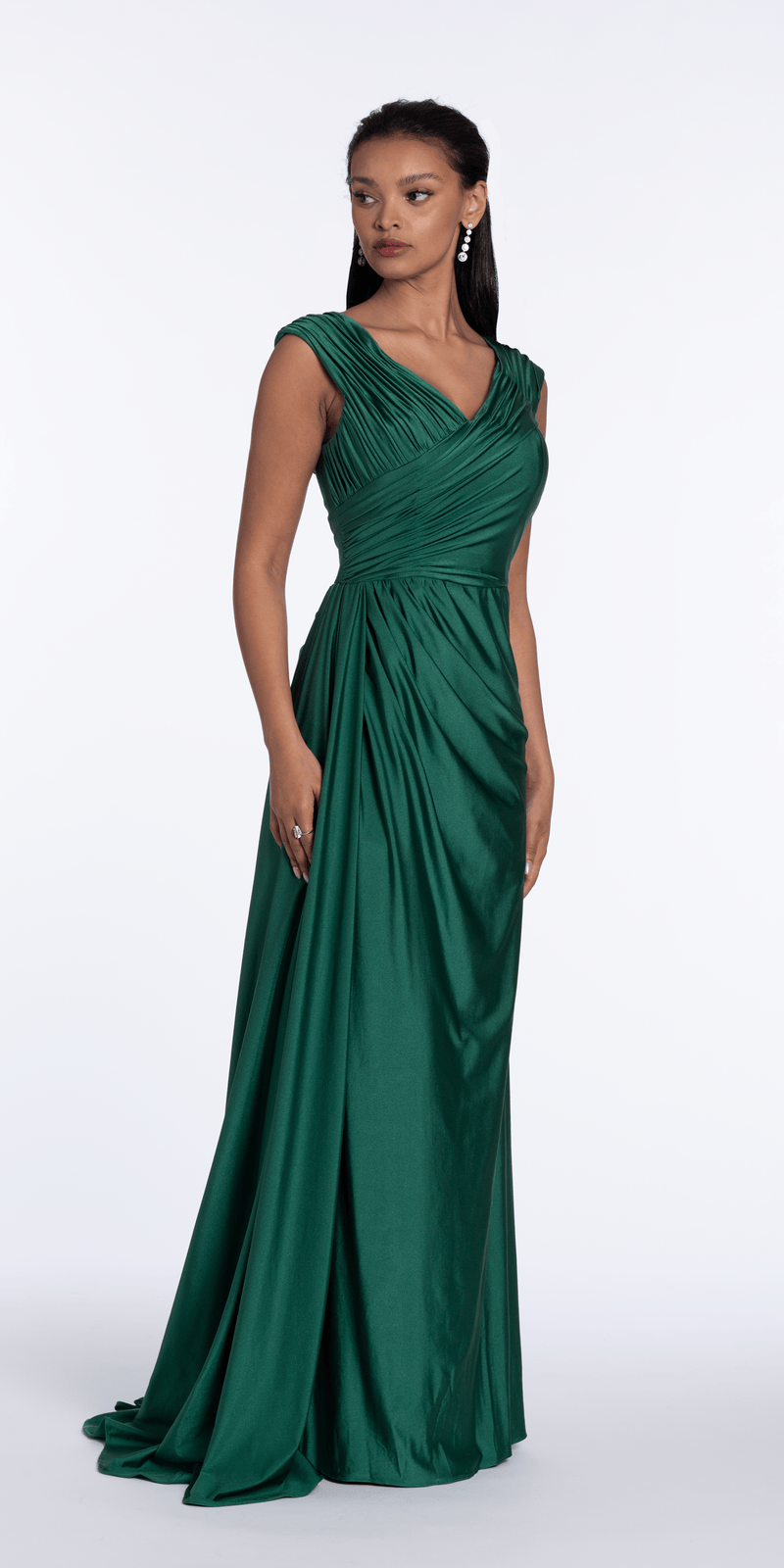 Spandex V Neck Cap Sleeve Column Dress with Side Cascade Image 3