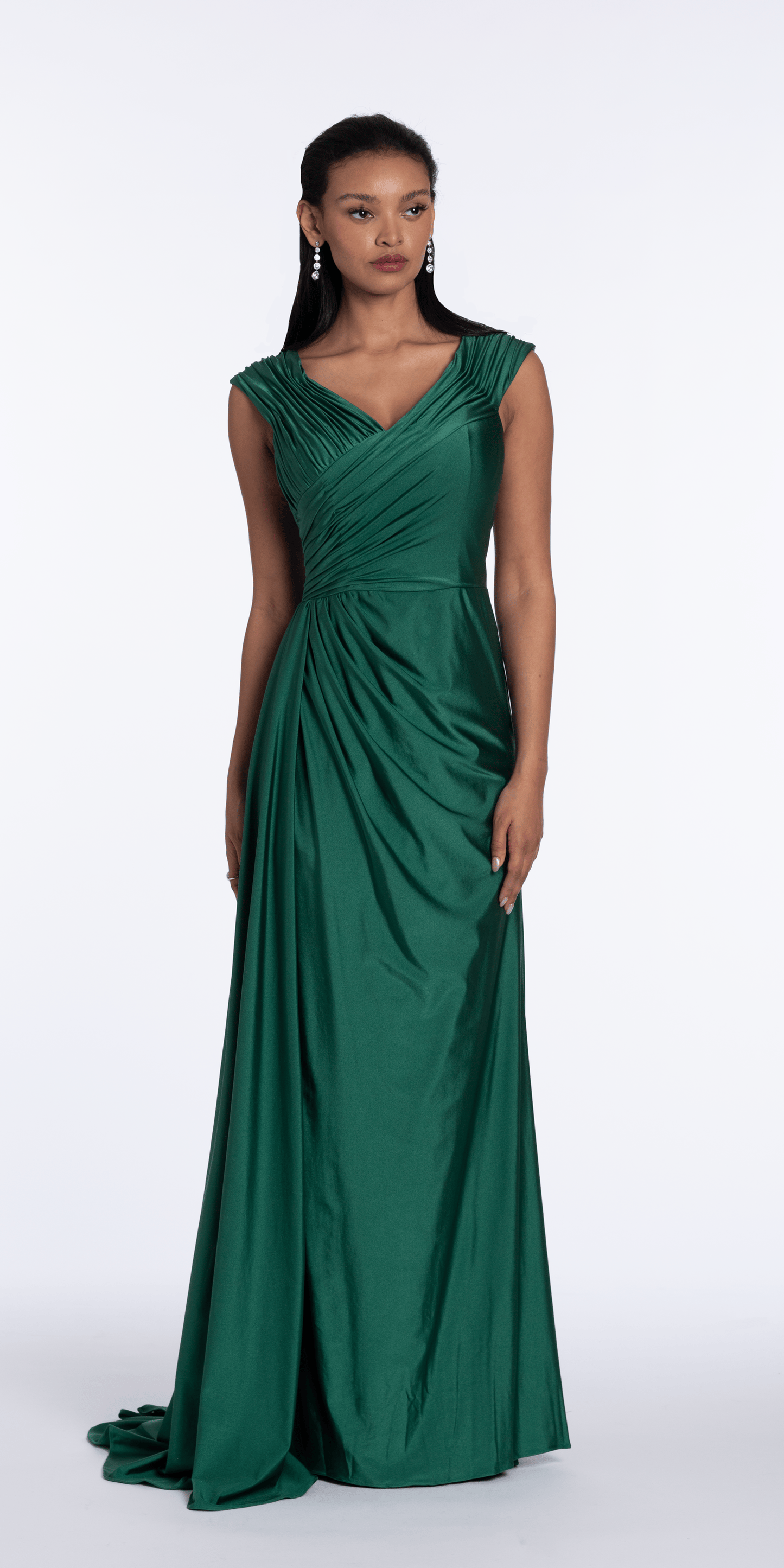 emerald/size/6/missy/Camille La Vie/ Spandex V Neck  Cap Sleeve Column  Dress with Side Cascade/front alt