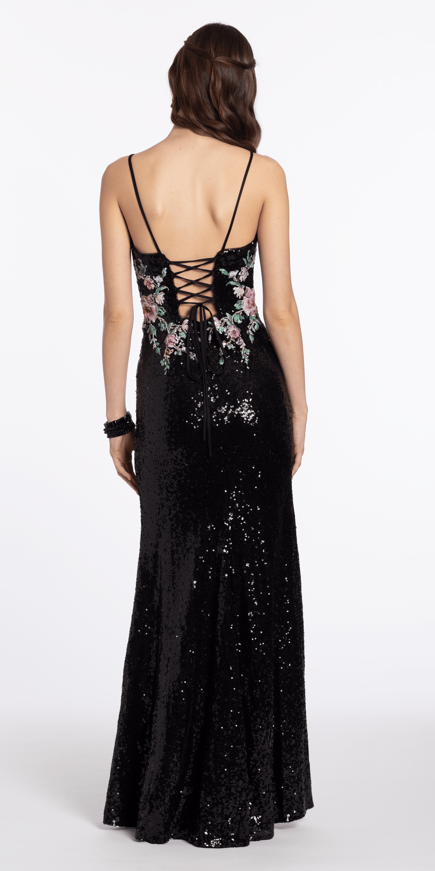 black-multi/size/4/missy/Camille La Vie/Sweetheart Sequin Column Dress with Embellished Floral Detail/back