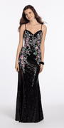 black-multi/size/4/missy/Camille La Vie/Sweetheart Sequin Column Dress with Embellished Floral Detail/front