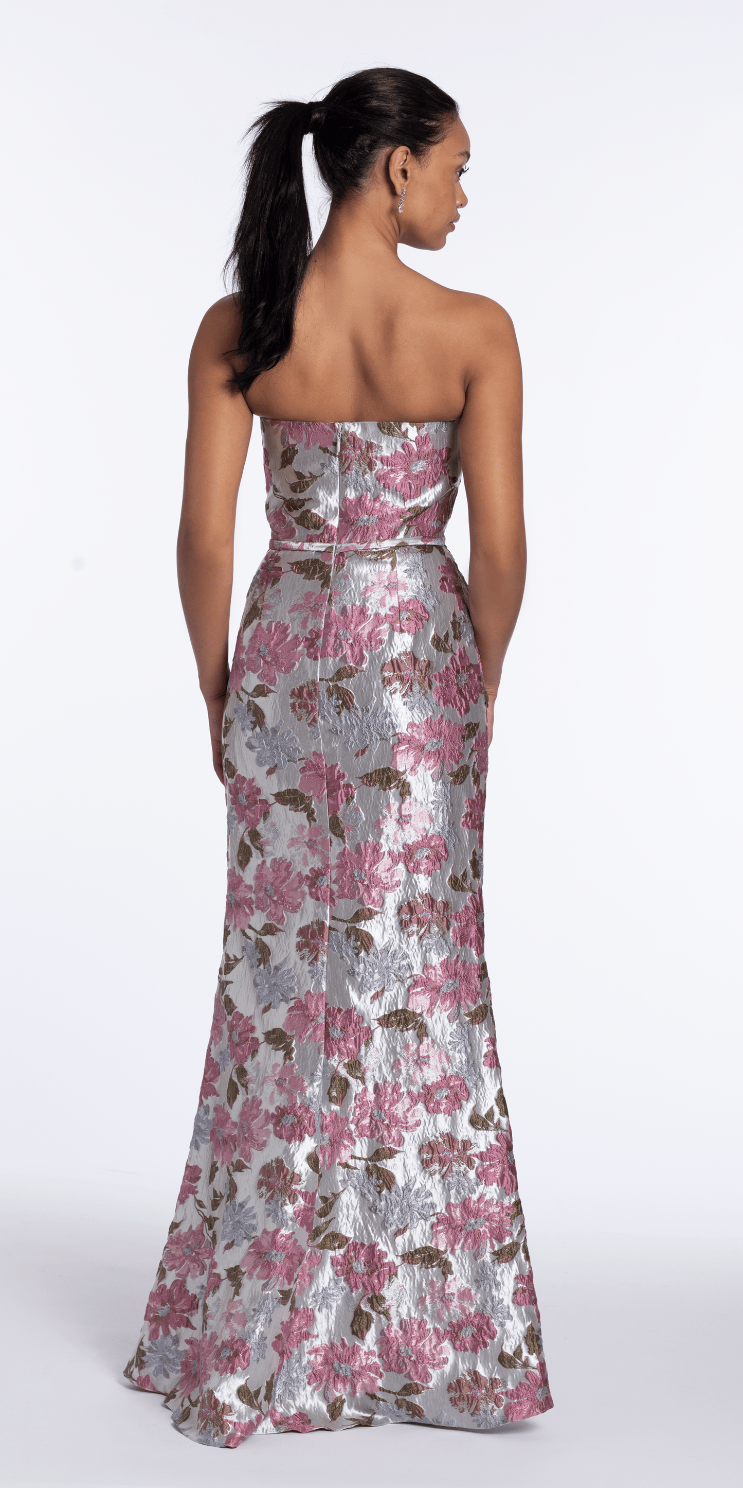 silver/size/2/ missy/Camille La Vie /Angled Peplum Strapless Metallic Floral Jacquard Dress/back