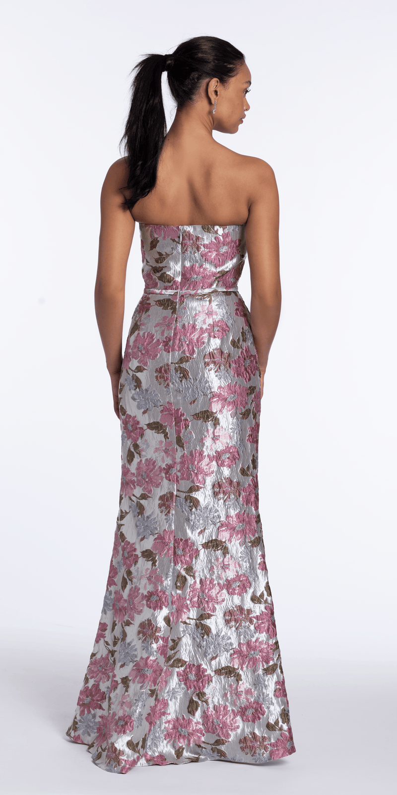 Angled Peplum Strapless Metallic Floral Jacquard Dress Image 5