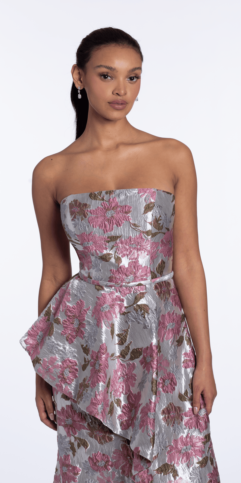 Angled Peplum Strapless Metallic Floral Jacquard Dress Image 2
