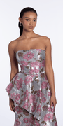 Angled Peplum Strapless Metallic Floral Jacquard Dress Image 2