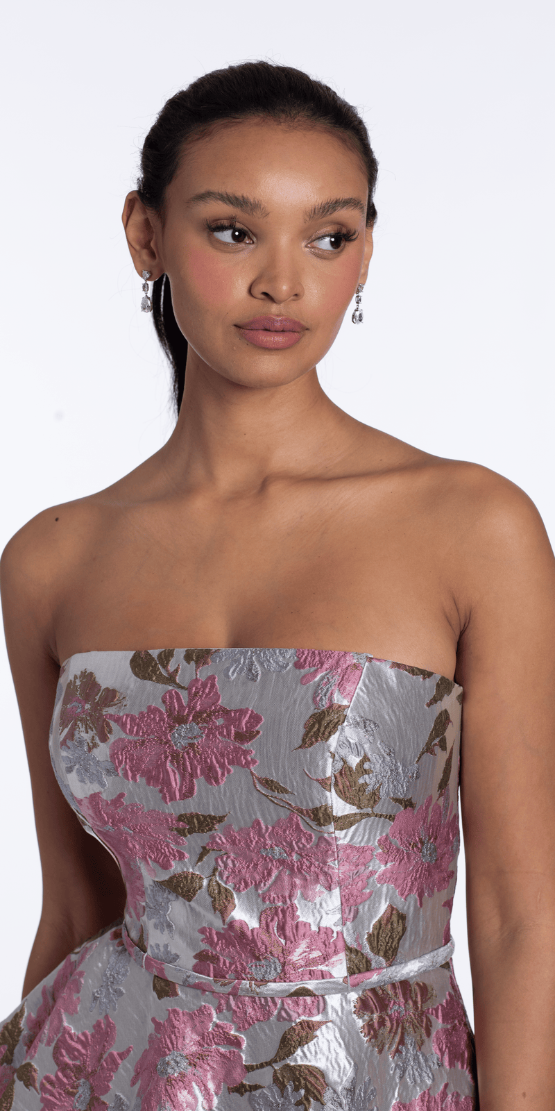 Angled Peplum Strapless Metallic Floral Jacquard Dress Image 3