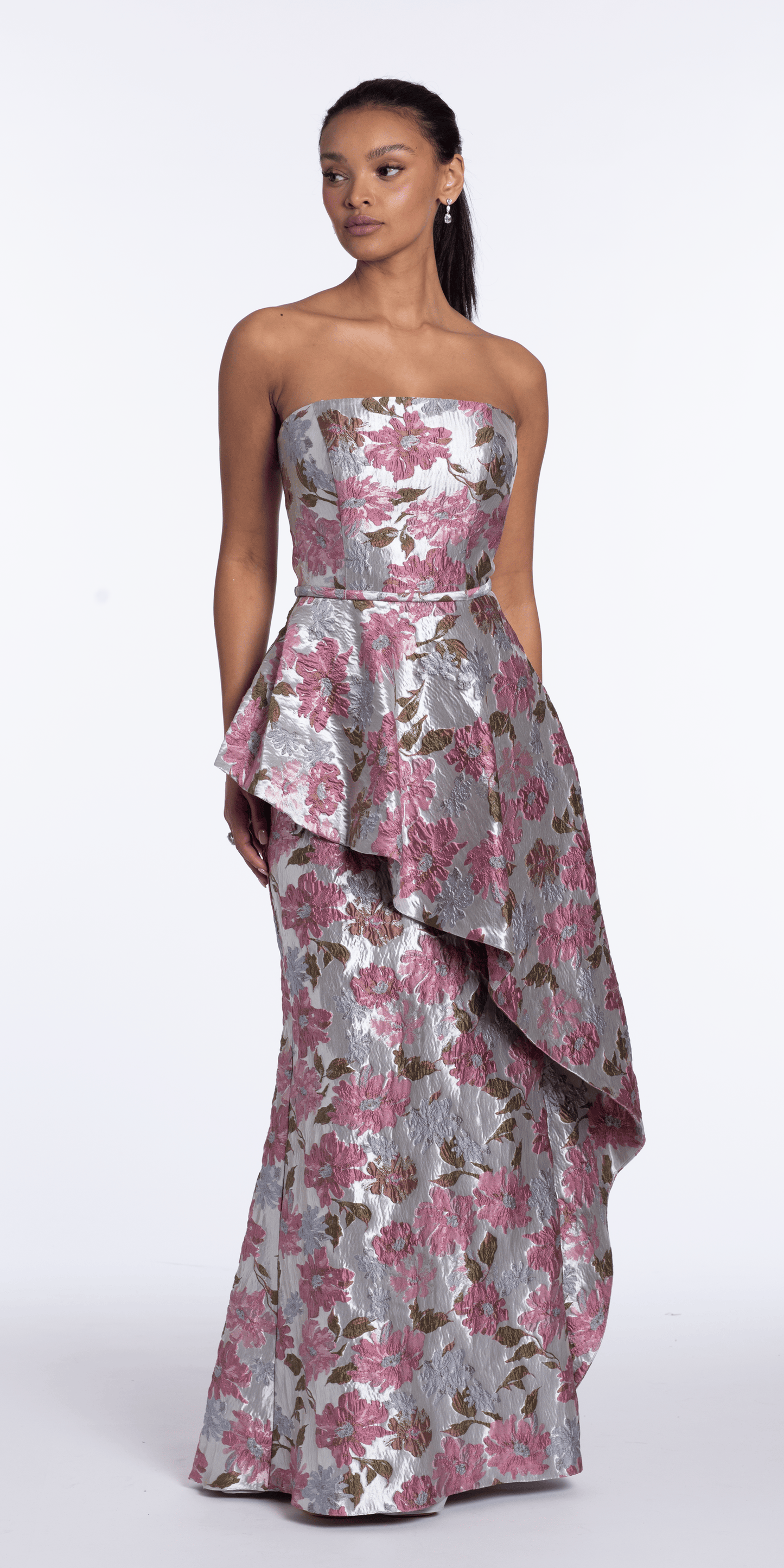 silver/size/2/ missy/Camille La Vie /Angled Peplum Strapless Metallic Floral Jacquard Dress/front