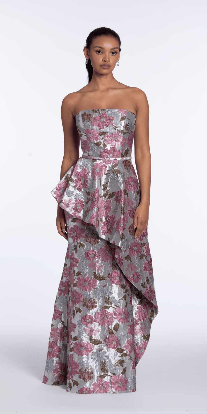 Angled Peplum Strapless Metallic Floral Jacquard Dress Image 4
