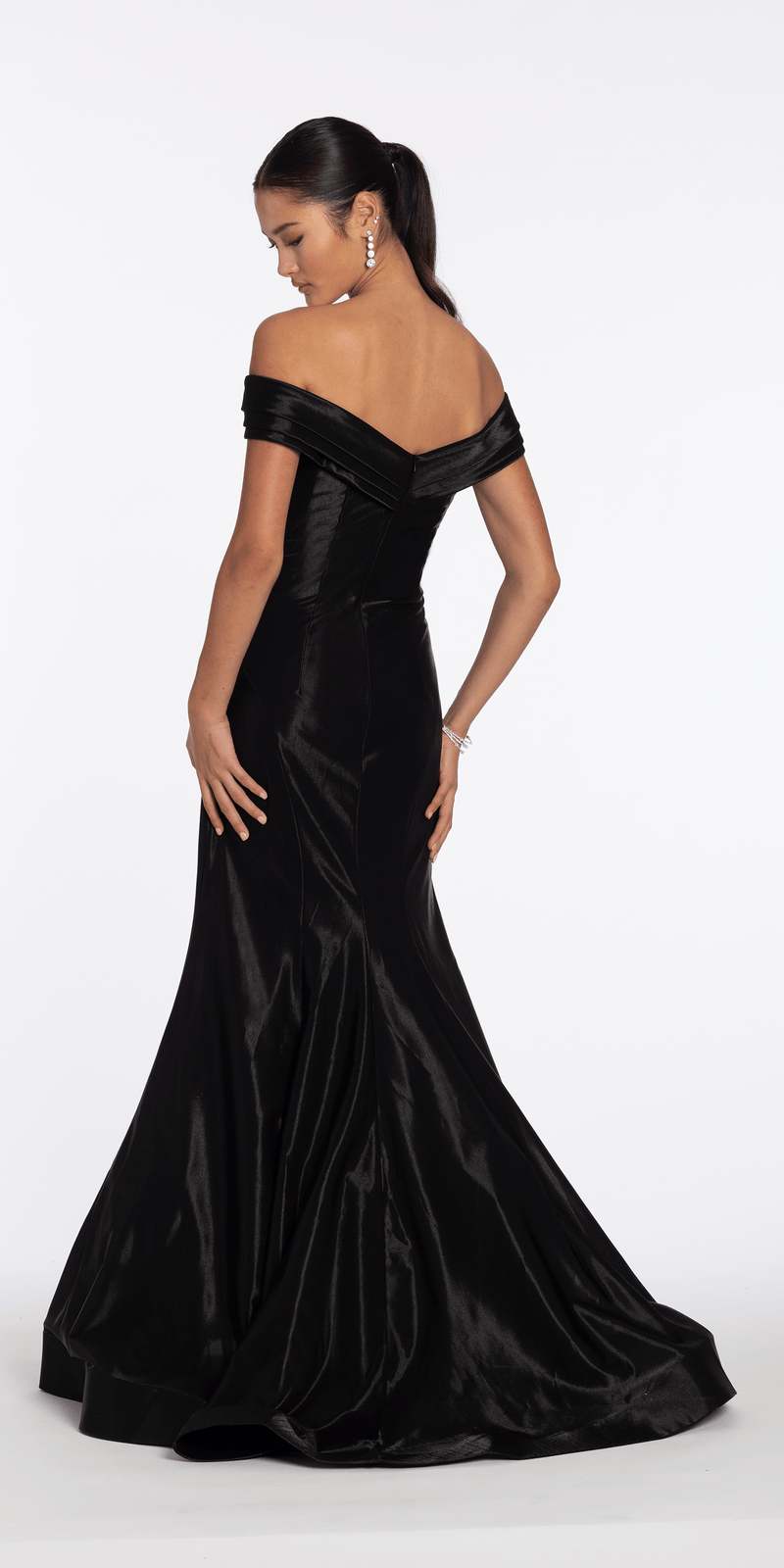 Pleated Off the Shoulder Sateen Trumpet Dress with Sweep Train – Camille La Vie