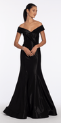 black/size/6missy/Camille La Vie Pleated Off the Shoulder Sateen Mermaid Dress/front