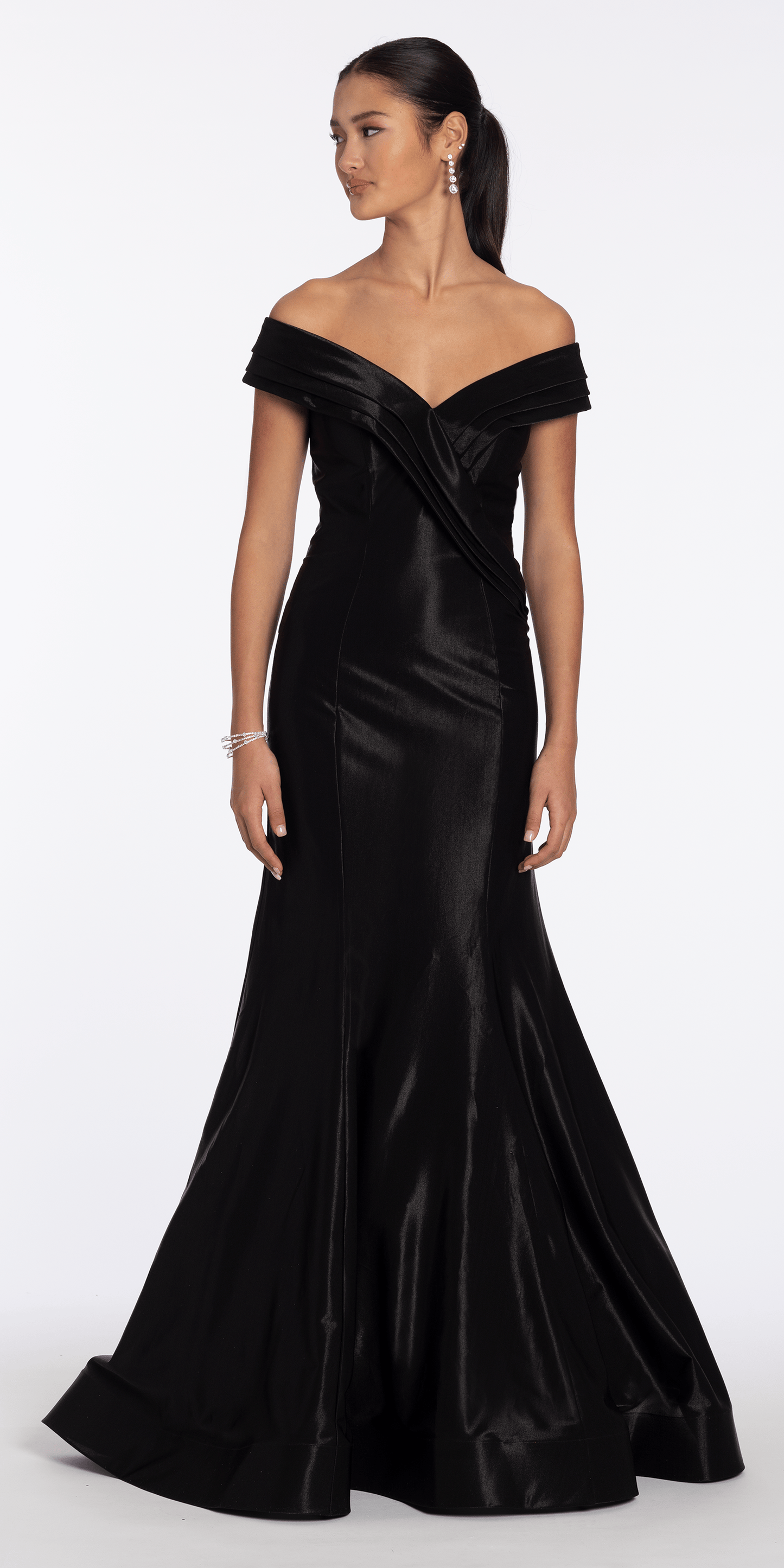 black/size/6missy/Camille La Vie Pleated Off the Shoulder Sateen Mermaid Dress/front alt