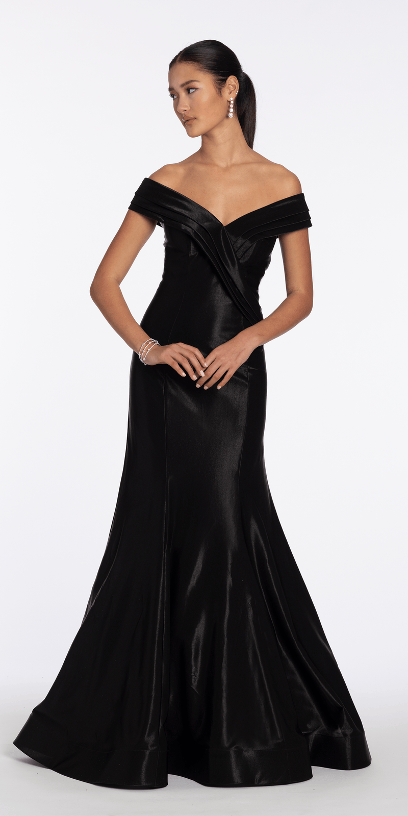 black/size/6missy/Camille La Vie Pleated Off the Shoulder Sateen Mermaid Dress/front alt 2