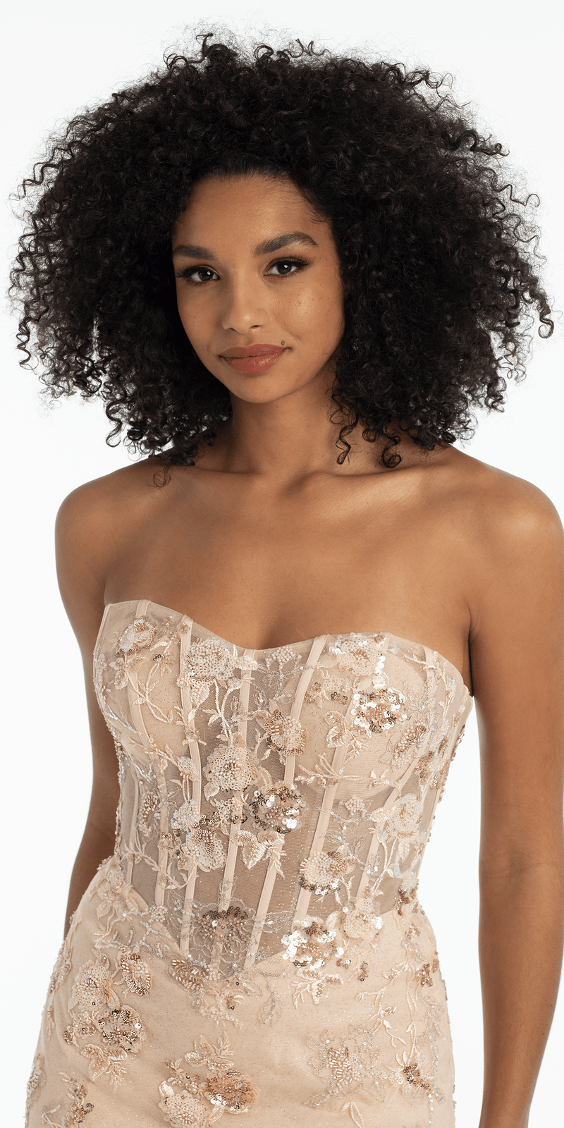 Glitter Corset Mesh Strappy Back Trumpet Dress with Beaded Floral Appliques   Camille La Vie