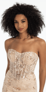 champagne/size/4/missy/Camille La Vie/Glitter Corset Mesh Strappy Back Trumpet Dress with Beaded Floral Appliques/close up