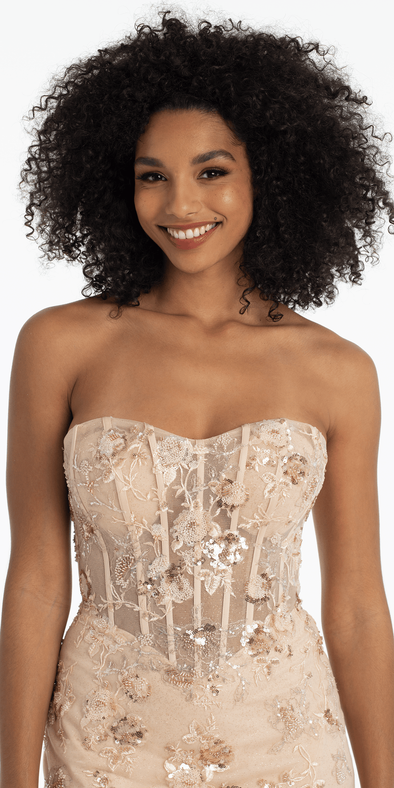 Glitter Corset Mesh Strappy Back Trumpet Dress with Beaded Floral Appliques missy / 0 / champagne