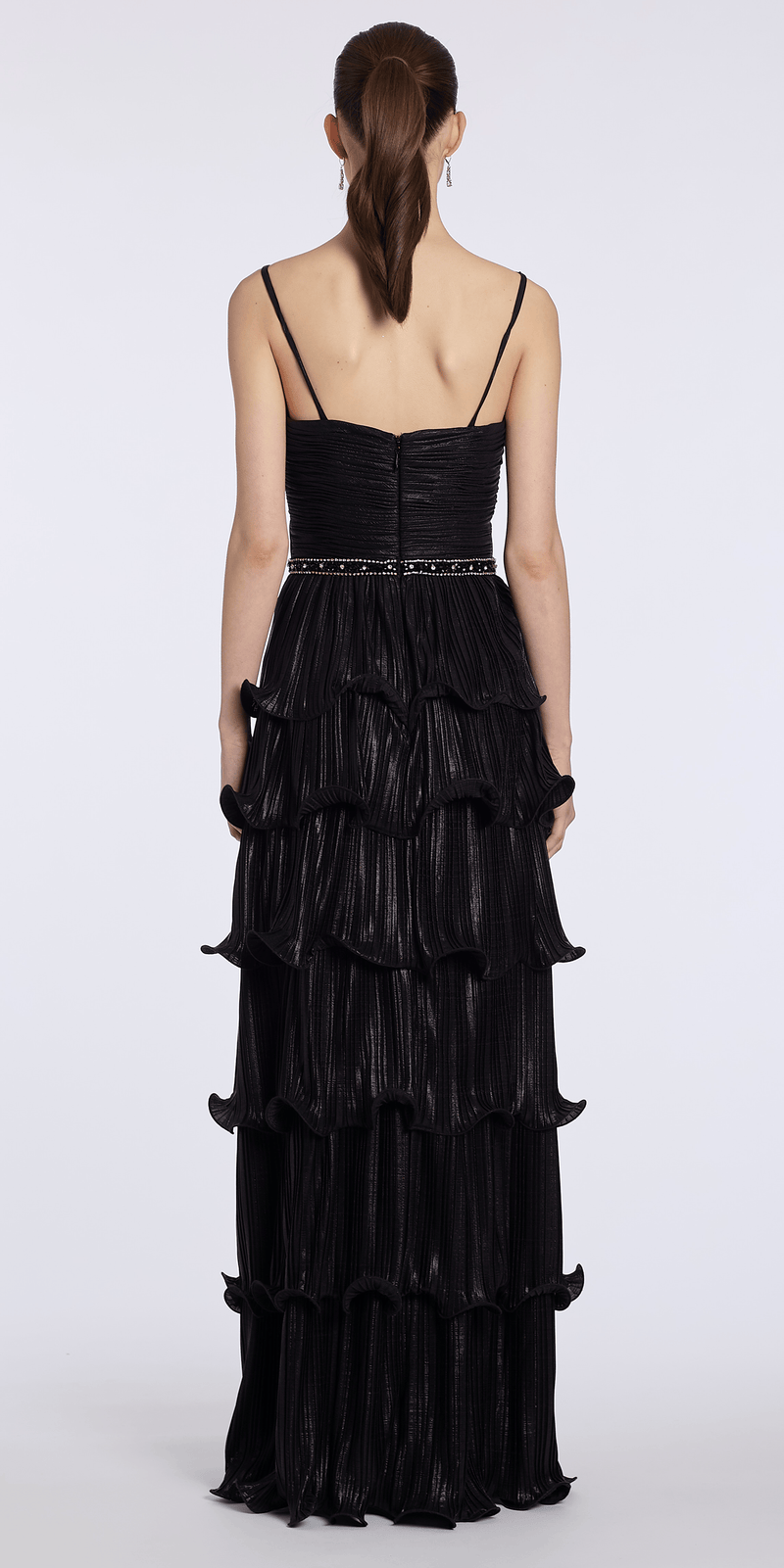 Sweetheart Metallic Knit Pleated Tiered A Line Dress with Beaded Waist missy / 12 / Black