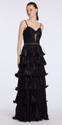 black/size/4/missy/Camille La Vie /Sweetheart Metallic Knit Pleated Tiered A Line Dress with Beaded Waist/front