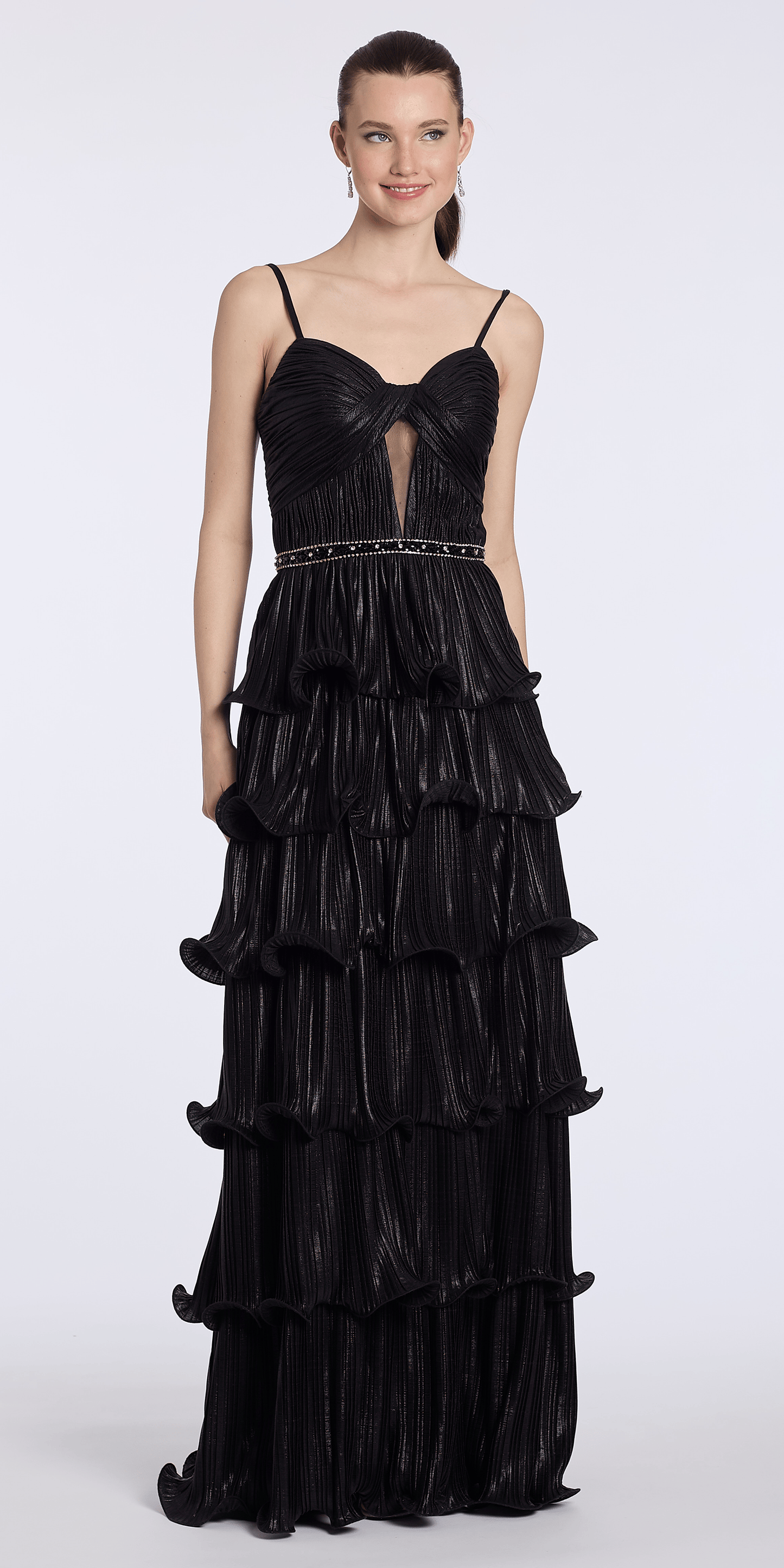black/size/4/missy/Camille La Vie /Sweetheart Metallic Knit Pleated Tiered A Line Dress with Beaded Waist/front alt