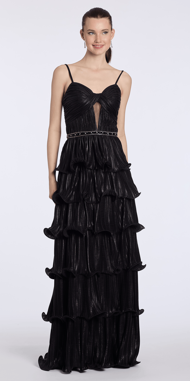 Sweetheart Metallic Knit Pleated Tiered A Line Dress with Beaded Waist missy / 12 / Black