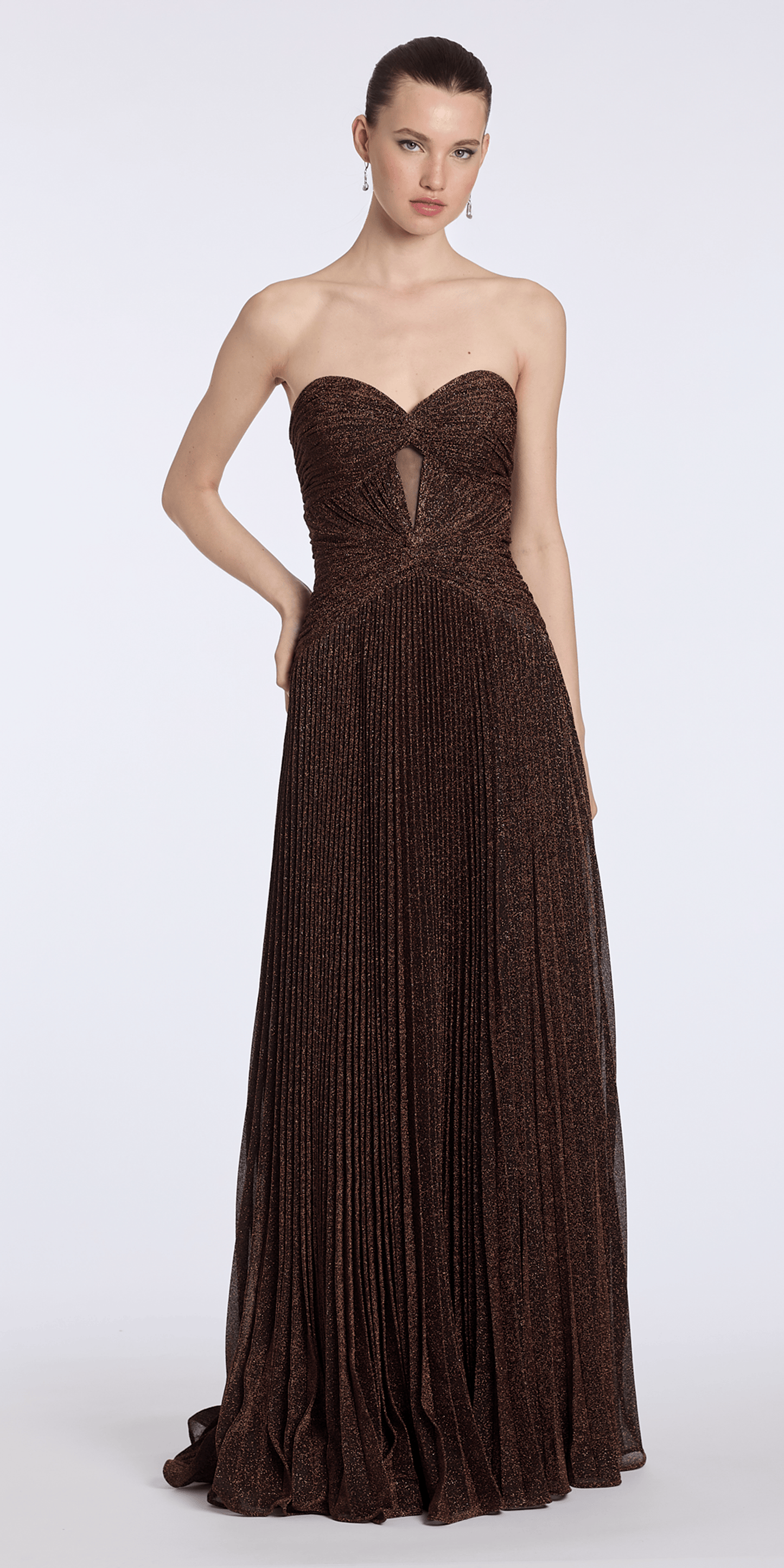 Camille La Vie Metallic Knit Strapless Pleated A-Line Dress with Side Slit