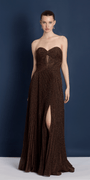 Camille La Vie Metallic Knit Strapless Pleated A-Line Dress with Side Slit