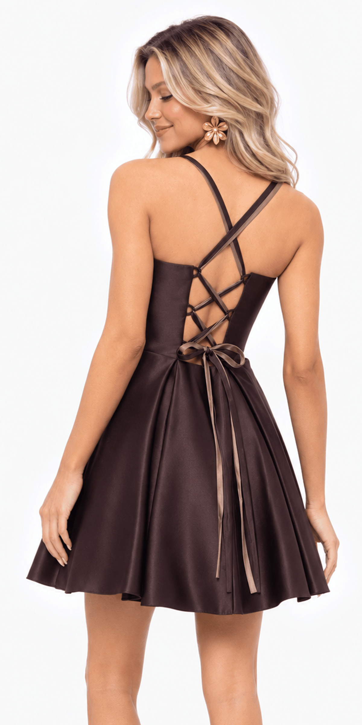 brown/size/4/missy/Camille La Vie/Two Tone Satin Pinched Bodice Pleated Fit and Flare Dress/back