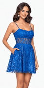 royal-blue/size/4/missy/Camille La Vie/Strappy Back Glitter Mesh Sheer Corset Skater Dress with Pockets/front alt