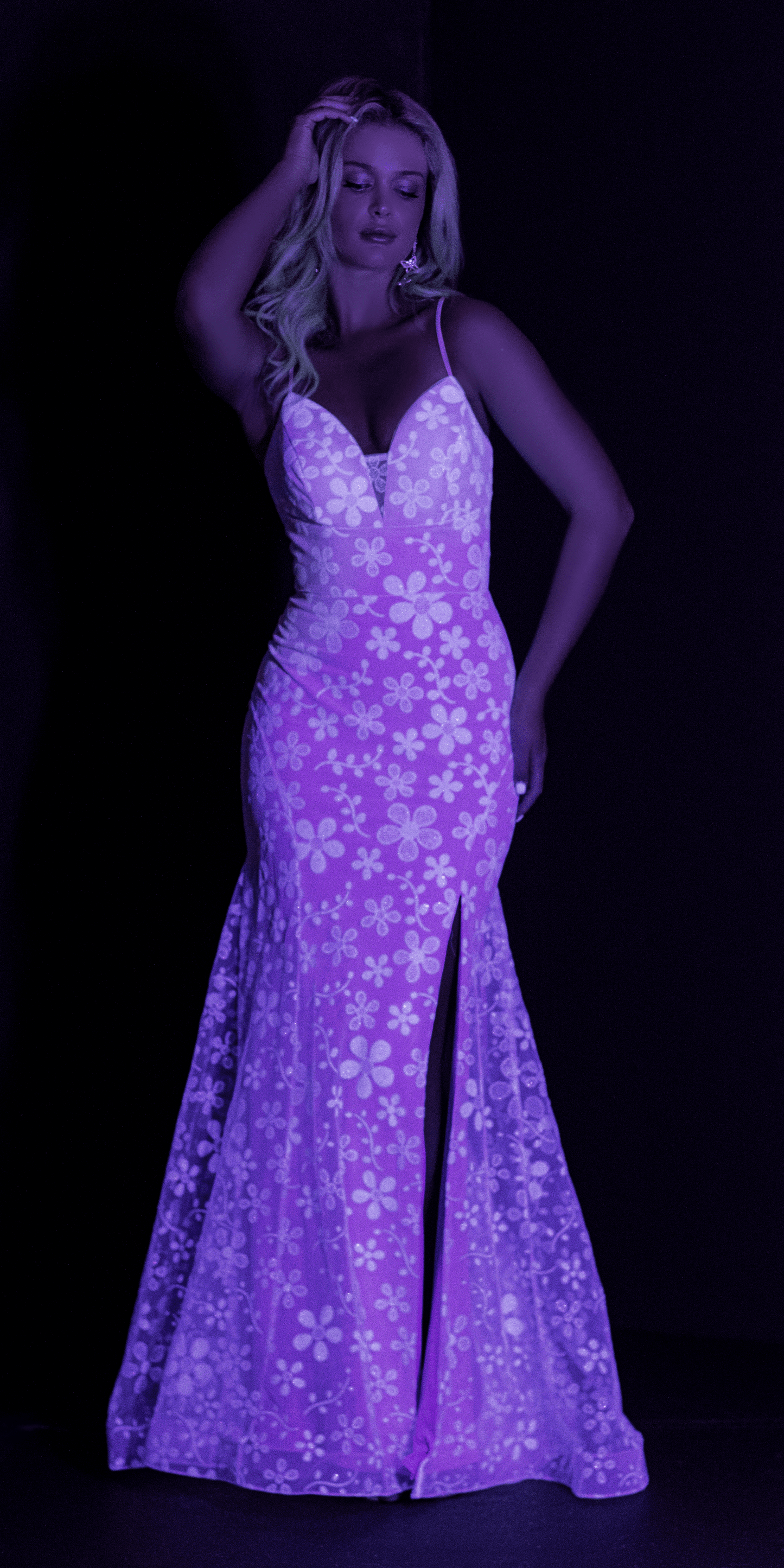 Camille La Vie Glow in the Dark Plunging Mesh Glitter Daisy Trumpet Dress