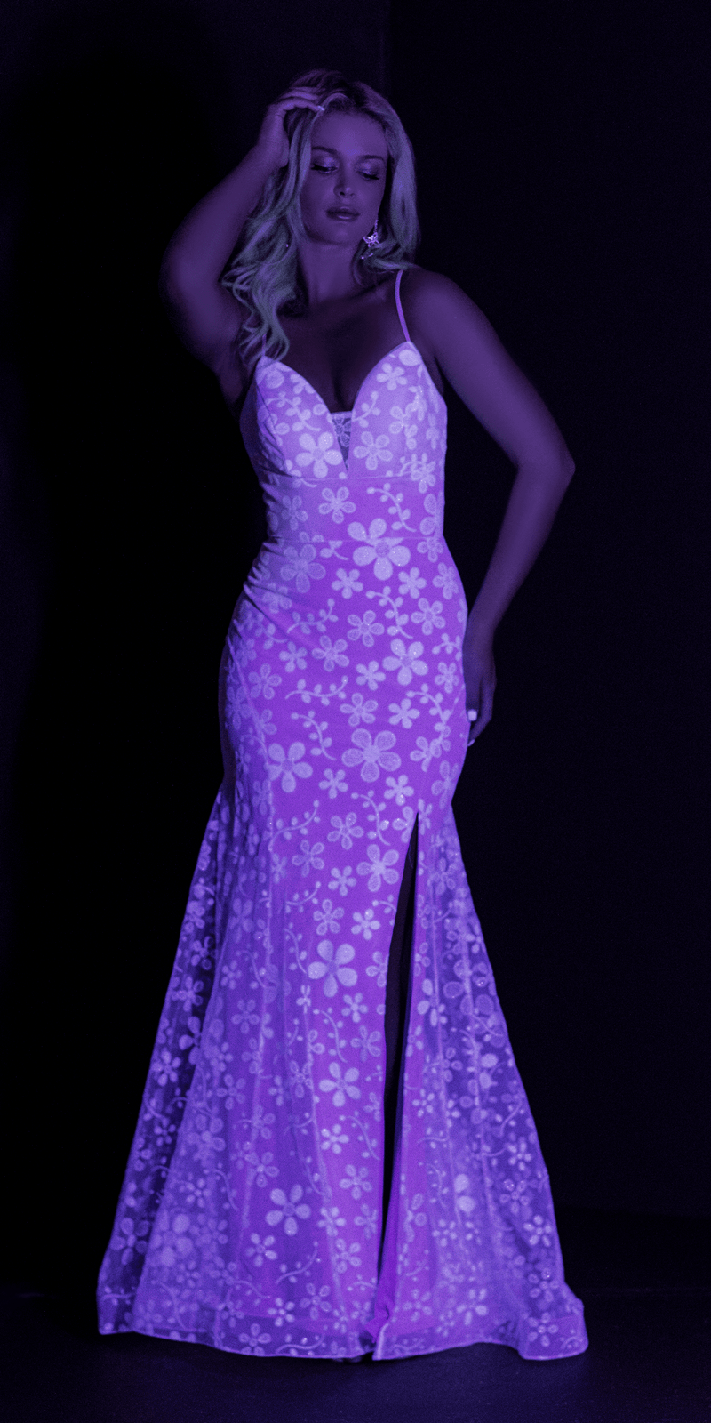 Glow in the Dark Plunging Mesh Glitter Daisy Trumpet Dress Image 2