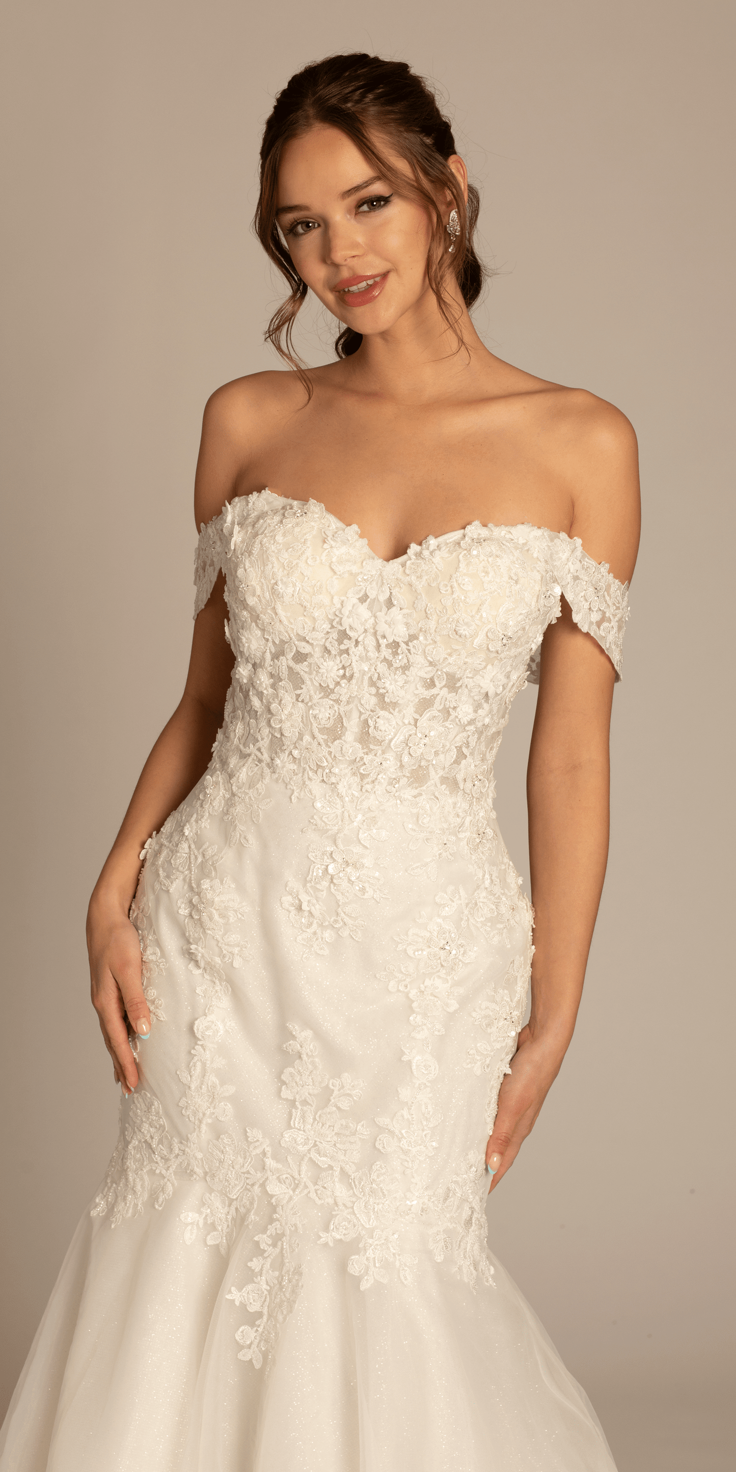 Camille La Vie Floral Applique Off the Shoulder Glitter Tulle Mermaid Dress