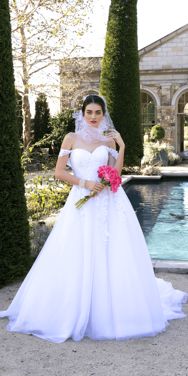 Embroidered Off the Shoulder Tulle Ballgown with Floral Detail missy / 8 / ivory Embroidered Off the Shoulder Tulle Ballgown with Floral Detail missy / 8 / ivory