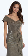Metallic Off the Shoulder Column Dress with Side Drape Image 3