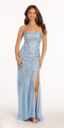 Embroidered Beaded Mesh Column Dress with Side Slit Image 1