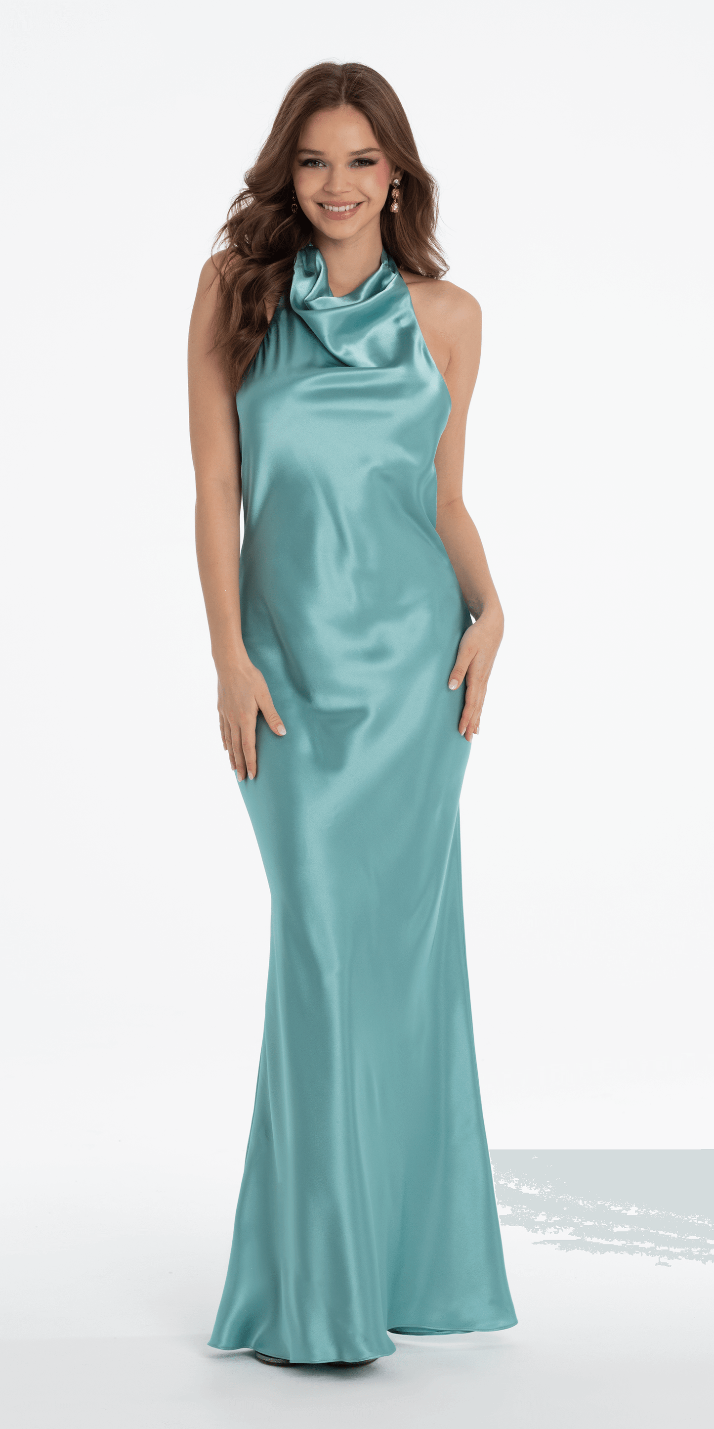 Camille La Vie Satin Tie Back Halter Column Dress
